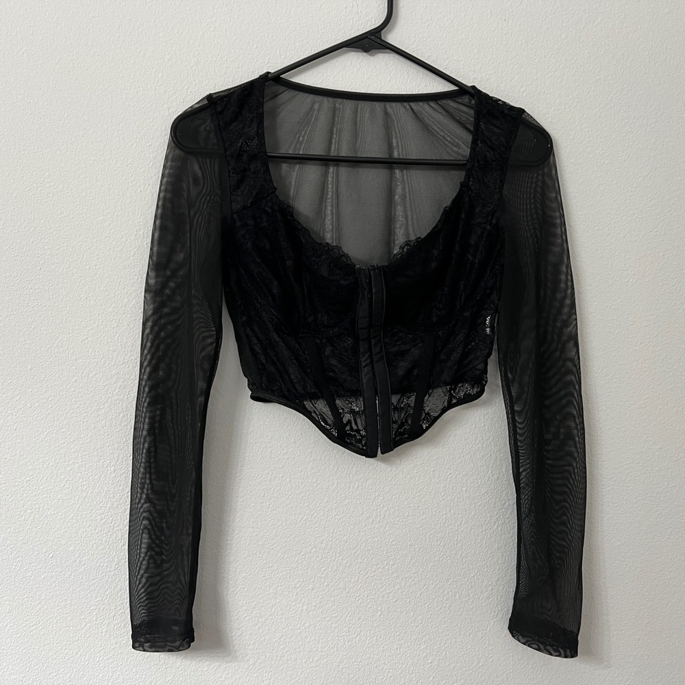 Womens L Black Lace Mesh Corset Top Long Sleeve Hook Eye Bustier Gothic